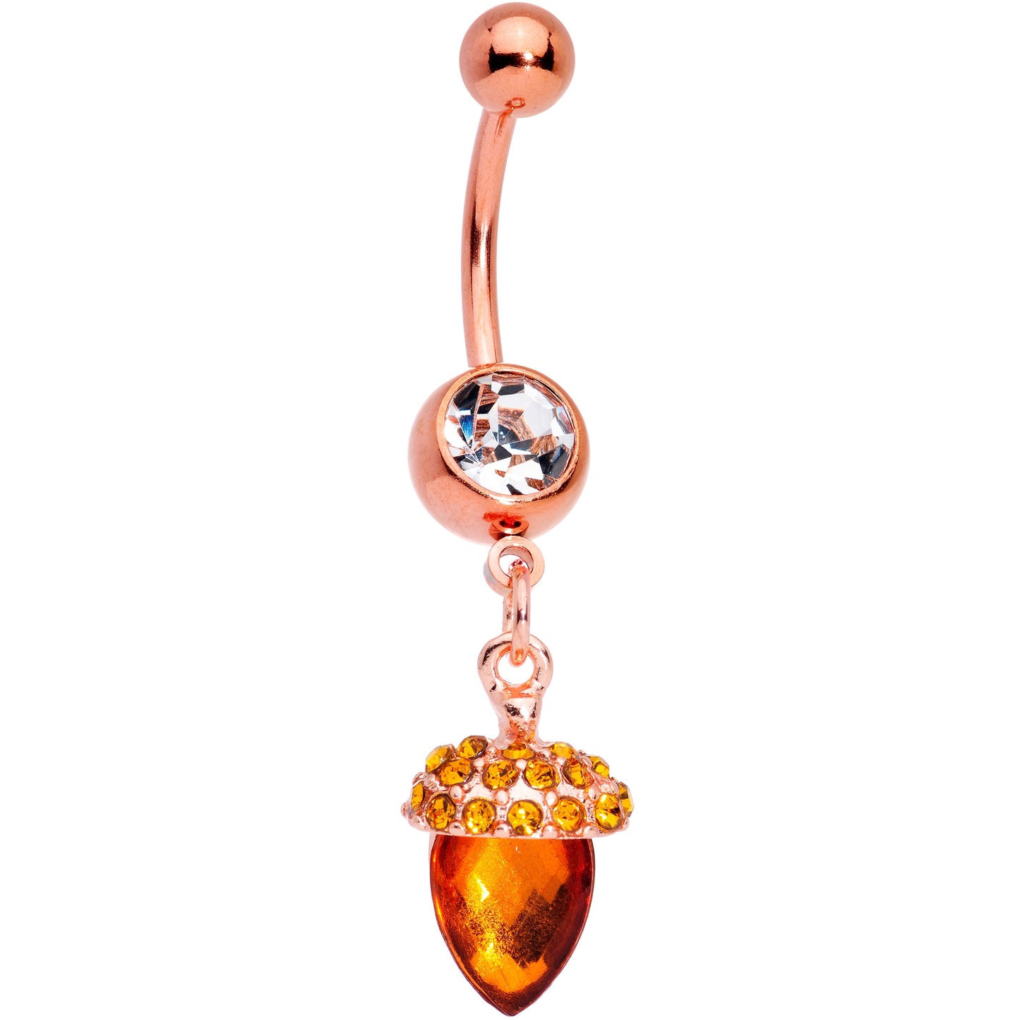 Clear Brown Gem Rose Gold Tone Fall Autumn Acorn Dangle Belly Ring