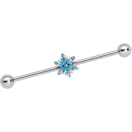 14G Aqua Gem Winter Snowflake Christmas Industrial Barbell 38mm