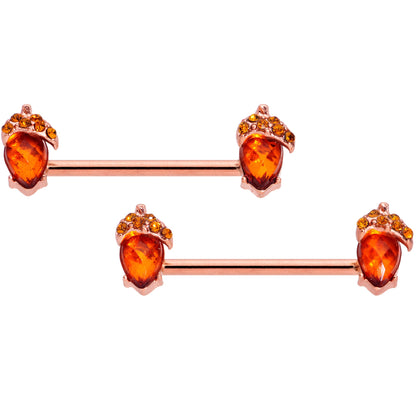 14G 5/8 Brown Gem Rose Gold Tone Autumn Acorn Nipple Ring Set