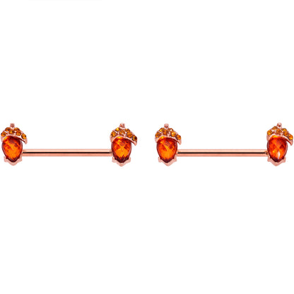 14G 5/8 Brown Gem Rose Gold Tone Autumn Acorn Nipple Ring Set
