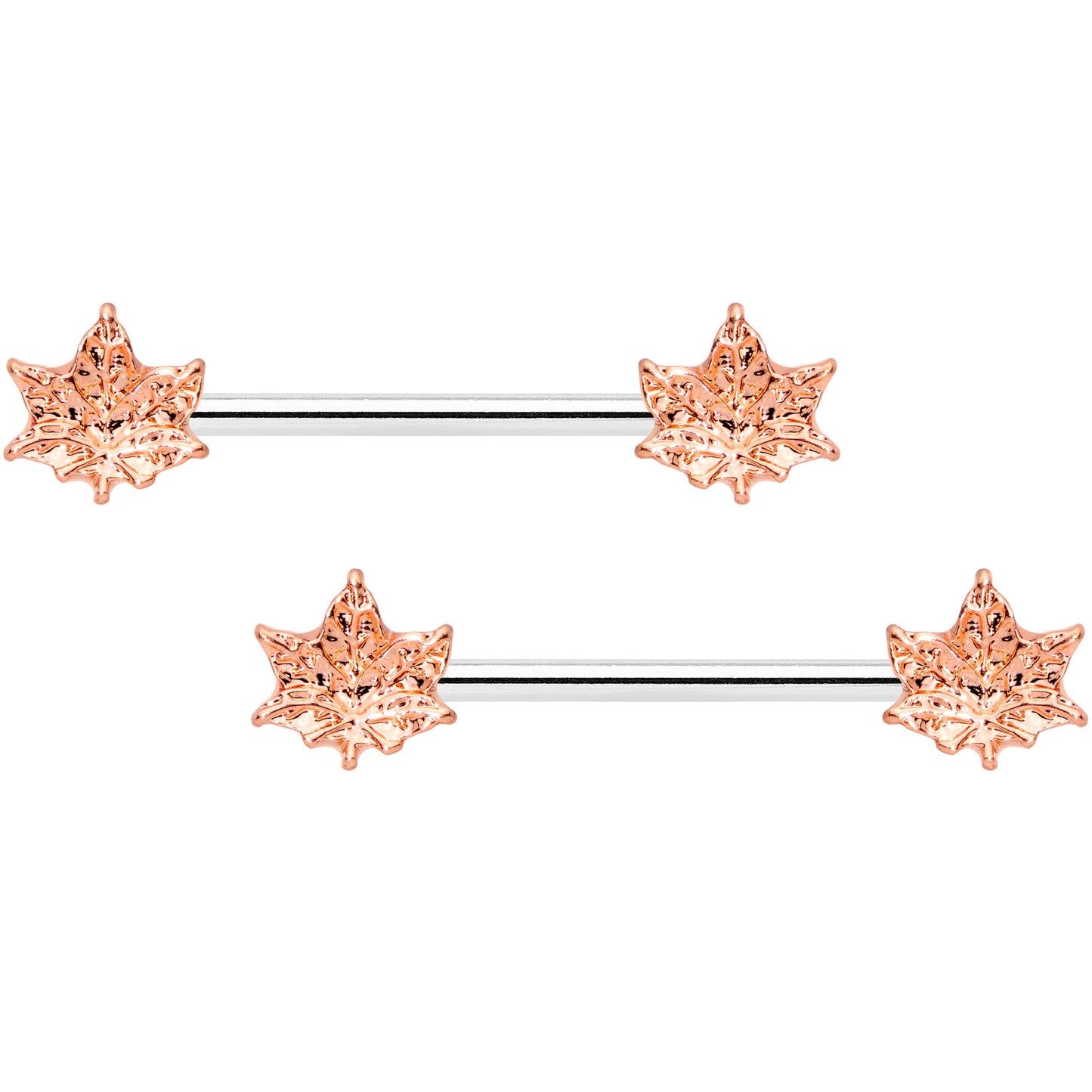 14G 5/8 Rose Gold Tone Pot Leaf Barbell Nipple Ring Set