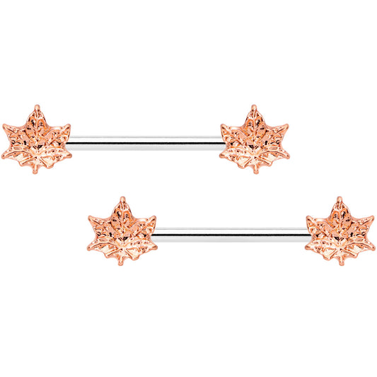 14G 5/8 Rose Gold Tone Pot Leaf Barbell Nipple Ring Set
