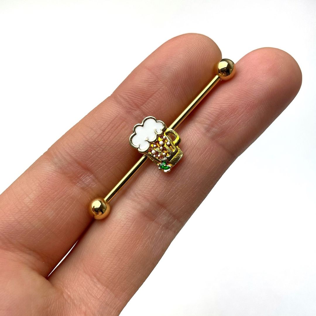 14G Gold Tone St Patricks Day Beer Mug Industrial Barbell 38mm
