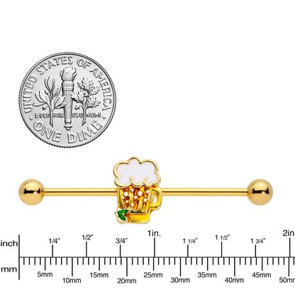 14G Gold Tone St Patricks Day Beer Mug Industrial Barbell 38mm
