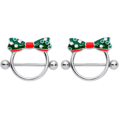 14G 11/16 Green Red Polka Dot Bow Christmas Nipple Shield Set