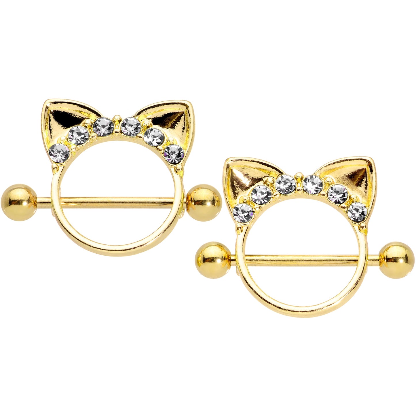 14G 9/16 Clear Gem Gold Tone Kitty Cat Ears Nipple Shield Set