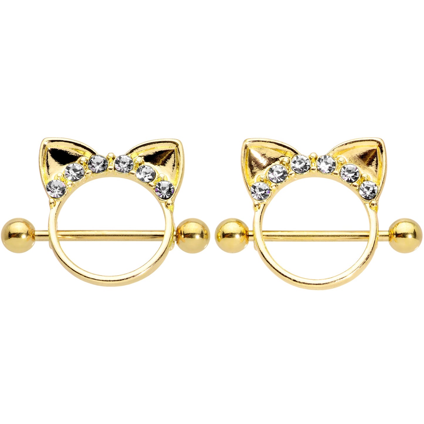 14G 9/16 Clear Gem Gold Tone Kitty Cat Ears Nipple Shield Set