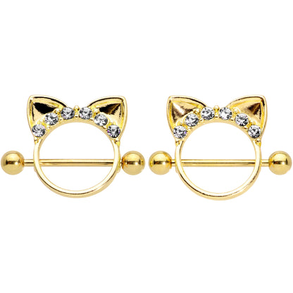 14G 9/16 Clear Gem Gold Tone Kitty Cat Ears Nipple Shield Set