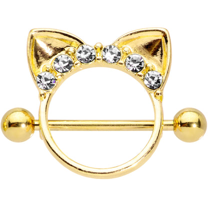 14G 9/16 Clear Gem Gold Tone Kitty Cat Ears Nipple Shield Set