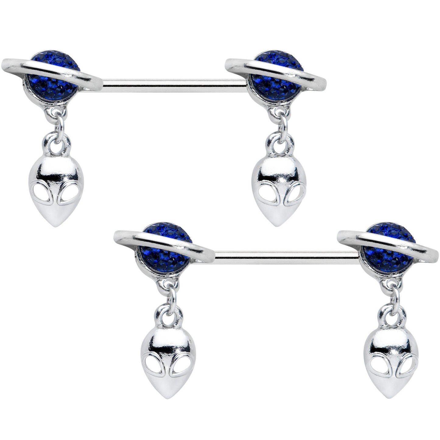 14G 9/16 Alien Dangle Blue Saturn Barbell Nipple Ring Set