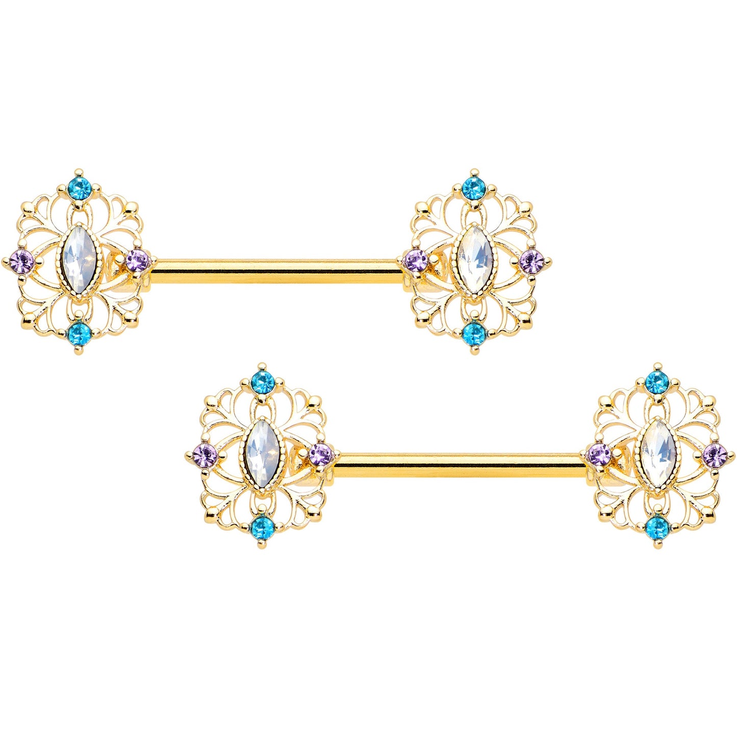 14G 9/16 White Synth Opal Gold Tone Web Barbell Nipple Ring Set