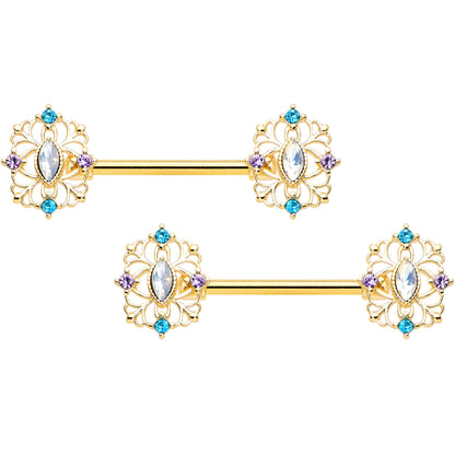 14G 9/16 White Synth Opal Gold Tone Web Barbell Nipple Ring Set
