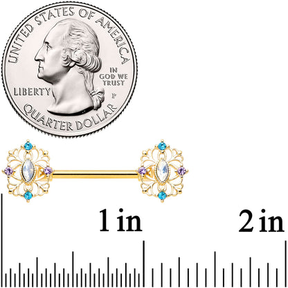 14G 9/16 White Synth Opal Gold Tone Web Barbell Nipple Ring Set