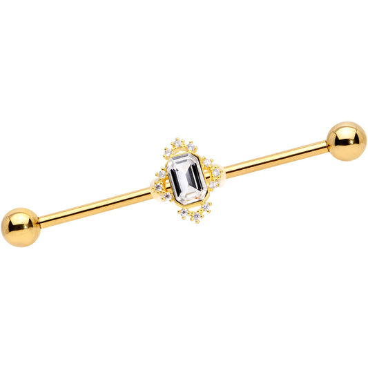 14G Clear Gem Gold Tone Regal Rectangle Industrial Barbell 38mm