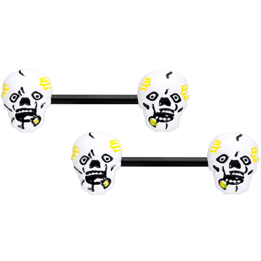 14G 9/16 Black White Skull Halloween Barbell Nipple Ring Set