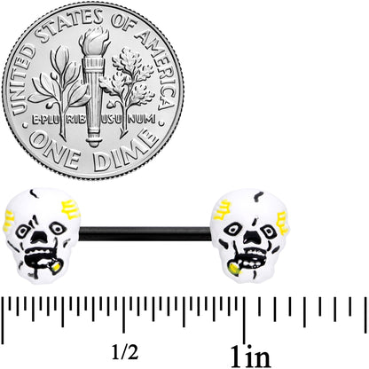 14G 9/16 Black White Skull Halloween Barbell Nipple Ring Set