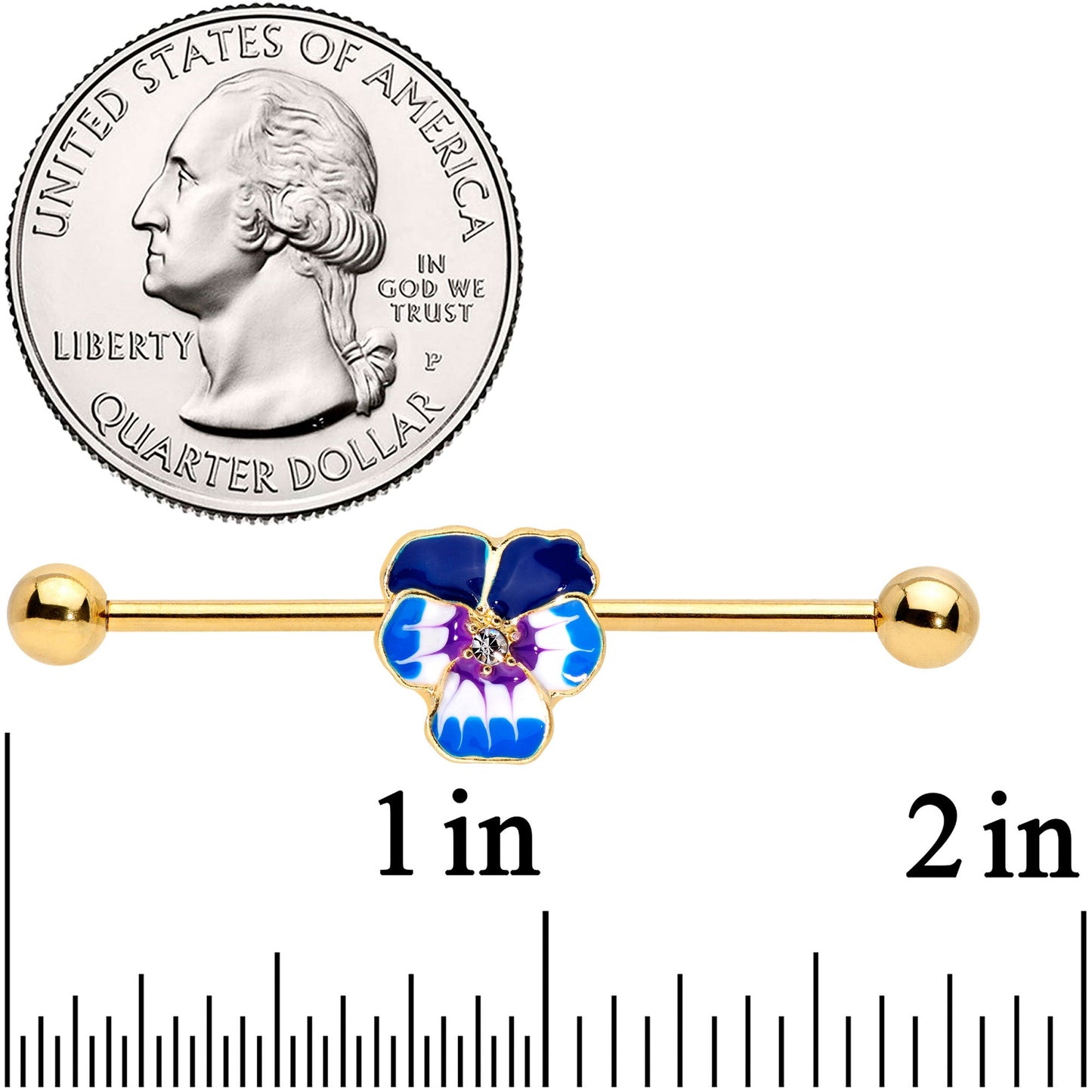 14G Clear Gem Gold Hue Blue Spring Flower Industrial Barbell 38mm