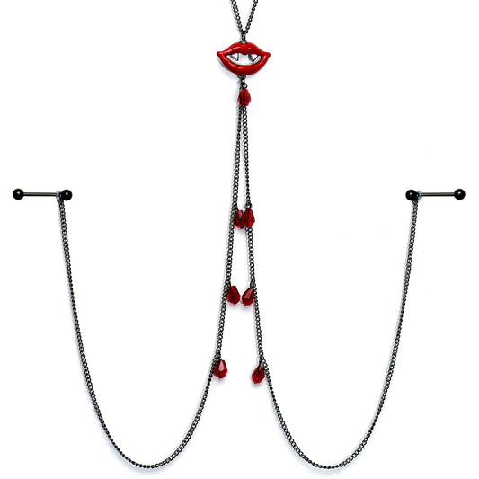 14G 9/16 Red Gem Vampire Lips Halloween Nipple Chain Necklace