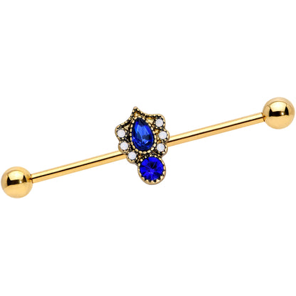 14G Blue Gem Gold Tone Heirloom Teardrop Industrial Barbell 38mm