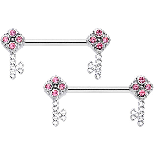 14G 9/16 Pink Gem Open Key Barbell Nipple Ring Set