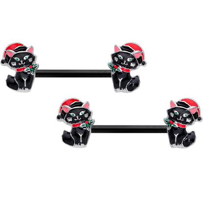 14G 9/16 Black Santa Claus Cat Christmas Barbell Nipple Ring Set