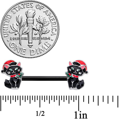 14G 9/16 Black Santa Claus Cat Christmas Barbell Nipple Ring Set