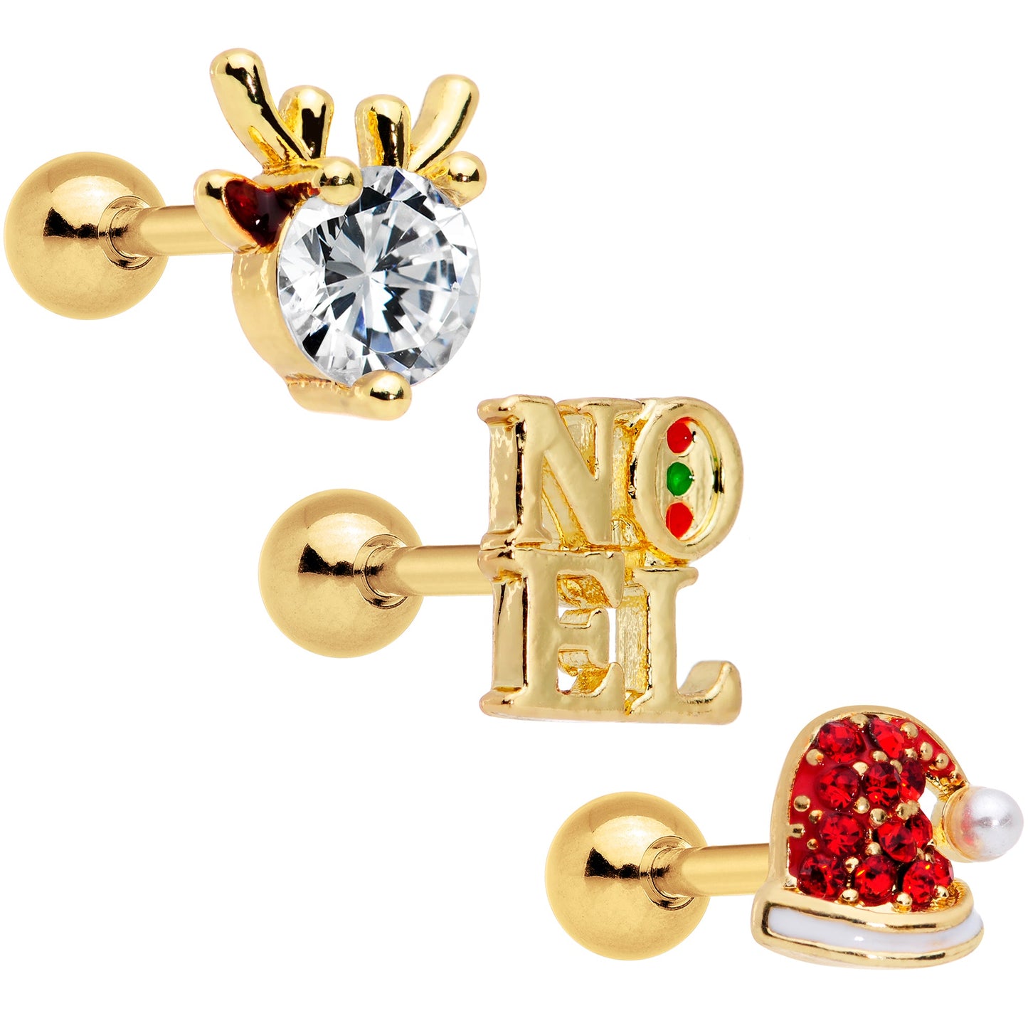 16G 1/4 Clear Red Gem Noel Christmas Cartilage Tragus Set of 3