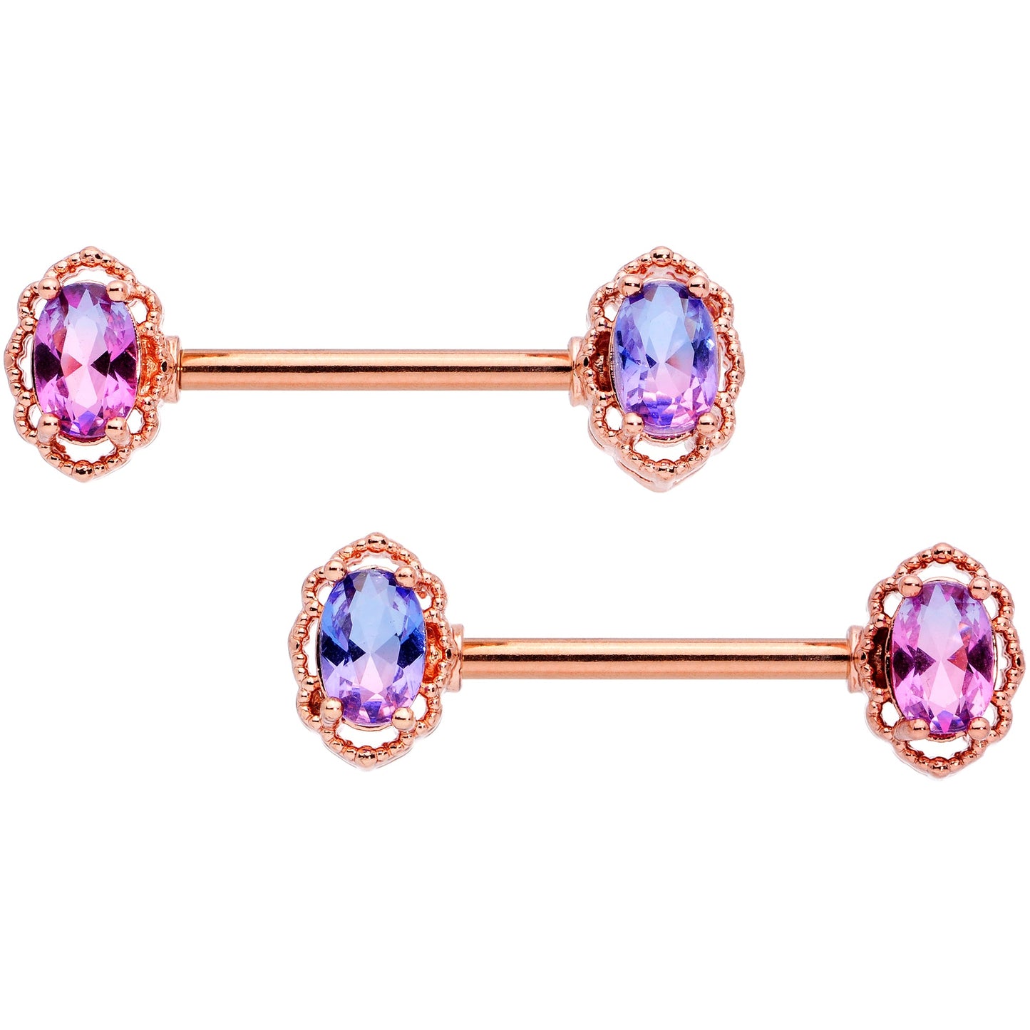 14G 9/16 Purple Tourmaline Rose Gold Tone Nipple Ring Set