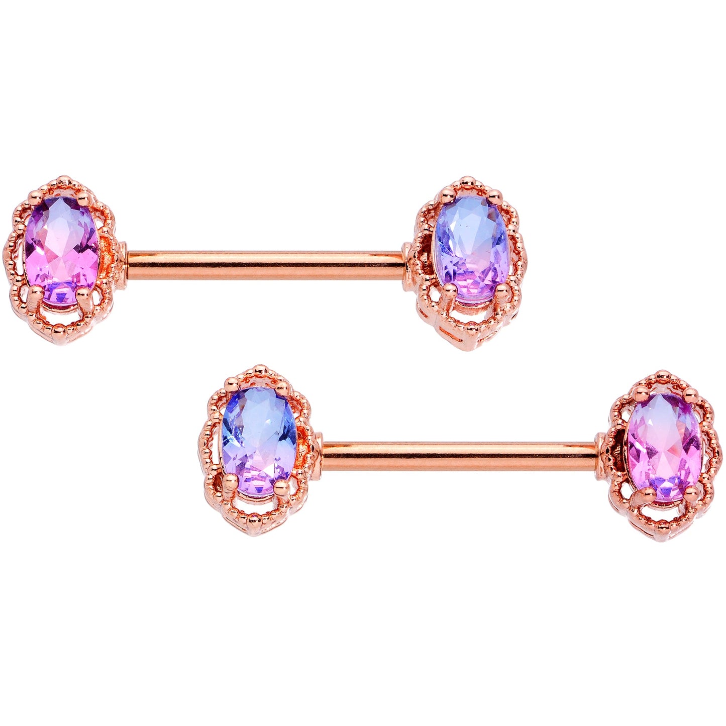 14G 9/16 Purple Tourmaline Rose Gold Tone Nipple Ring Set