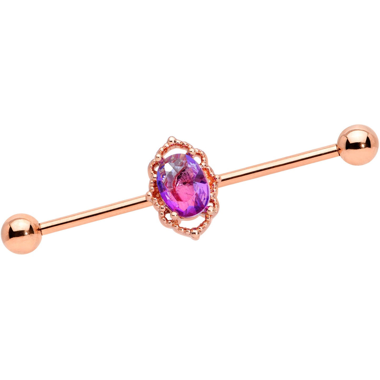 14G Purple Tourmaline Rose Gold Tone Industrial Barbell 38mm