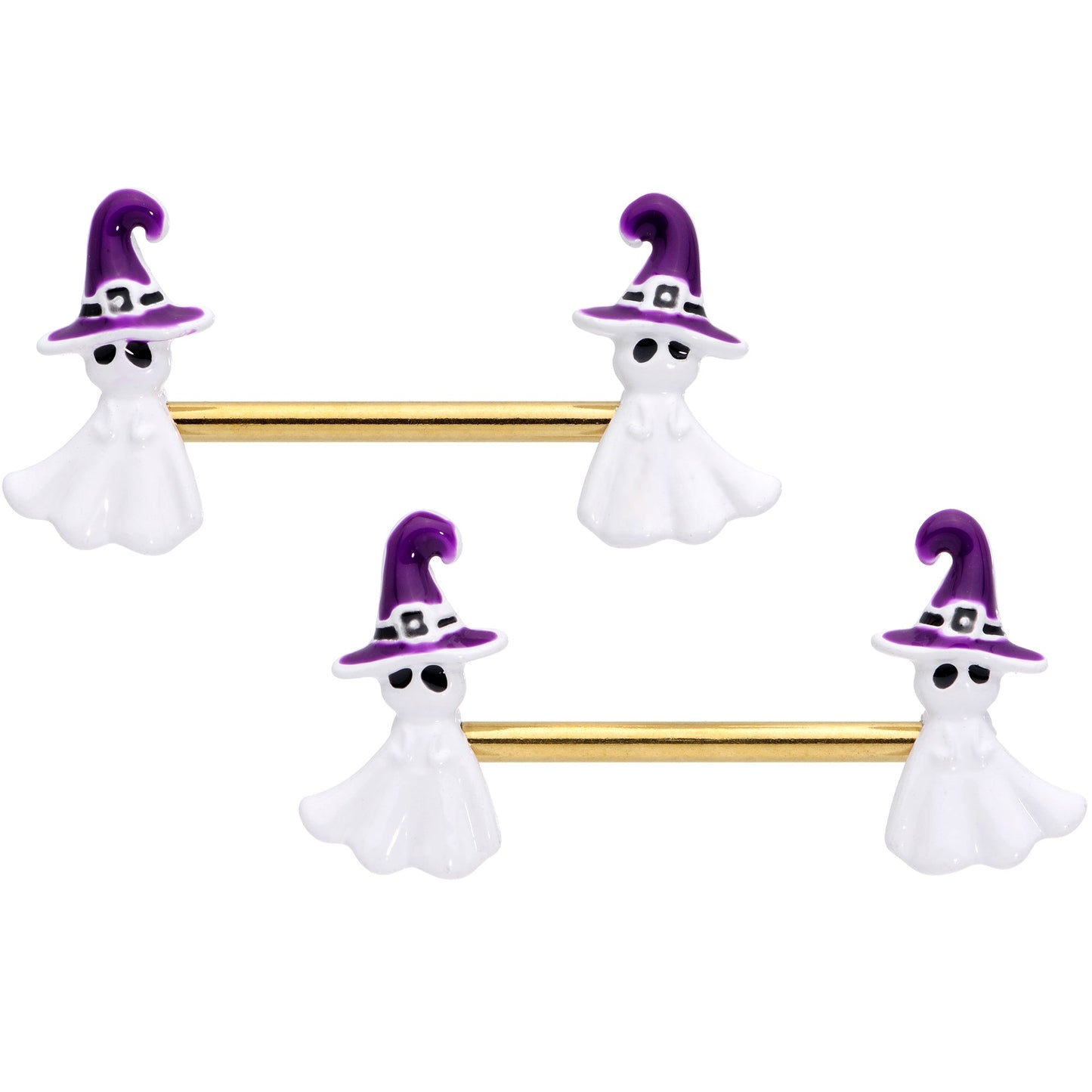 14G 9/16 Gold Tone Ghost Witch Halloween Barbell Nipple Ring Set