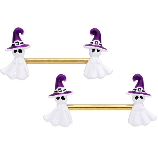 14G 9/16 Gold Tone Ghost Witch Halloween Barbell Nipple Ring Set