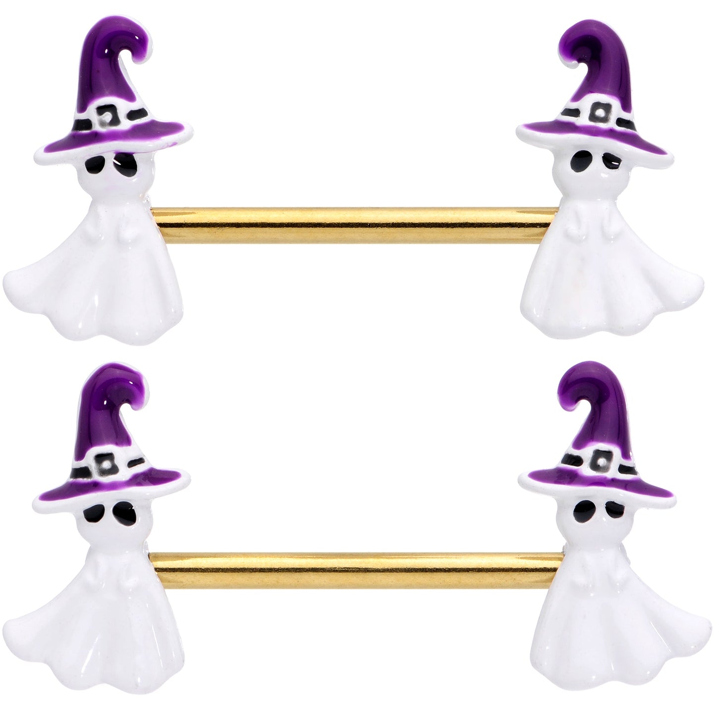 14G 9/16 Gold Tone Ghost Witch Halloween Barbell Nipple Ring Set