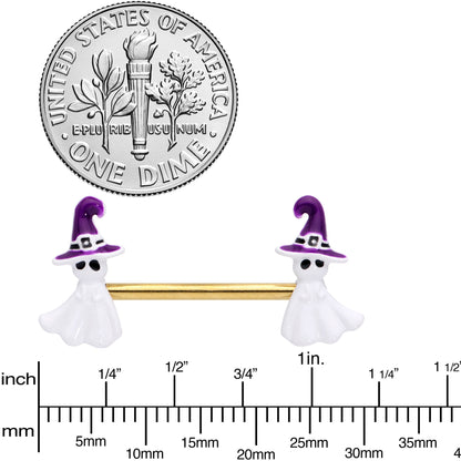 14G 9/16 Gold Tone Ghost Witch Halloween Barbell Nipple Ring Set