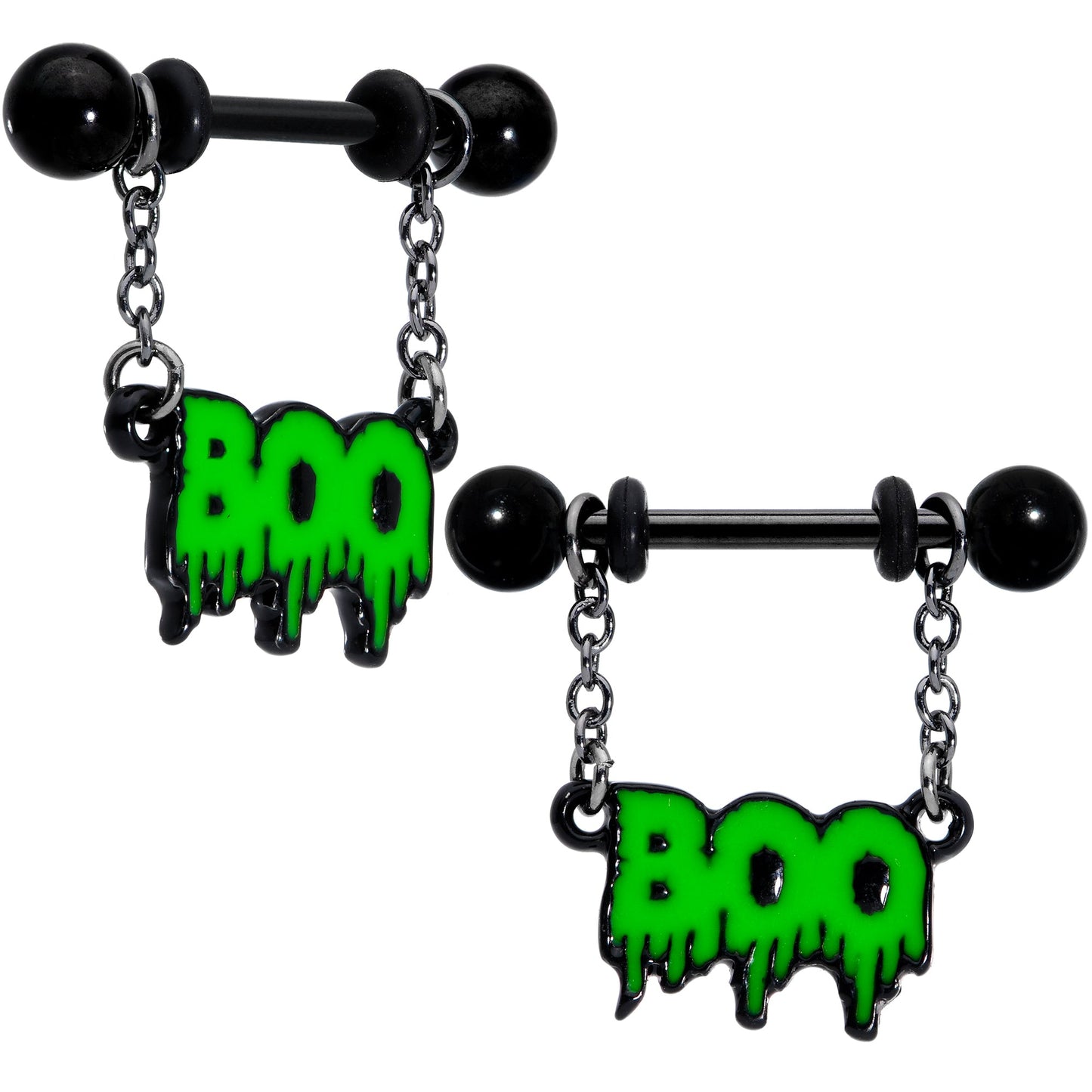 14G 9/16 Green Spooky Boo Halloween Chain Dangle Nipple Ring Set
