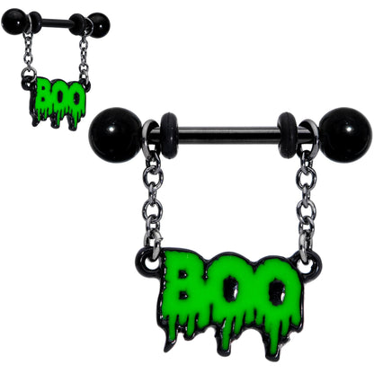14G 9/16 Green Spooky Boo Halloween Chain Dangle Nipple Ring Set