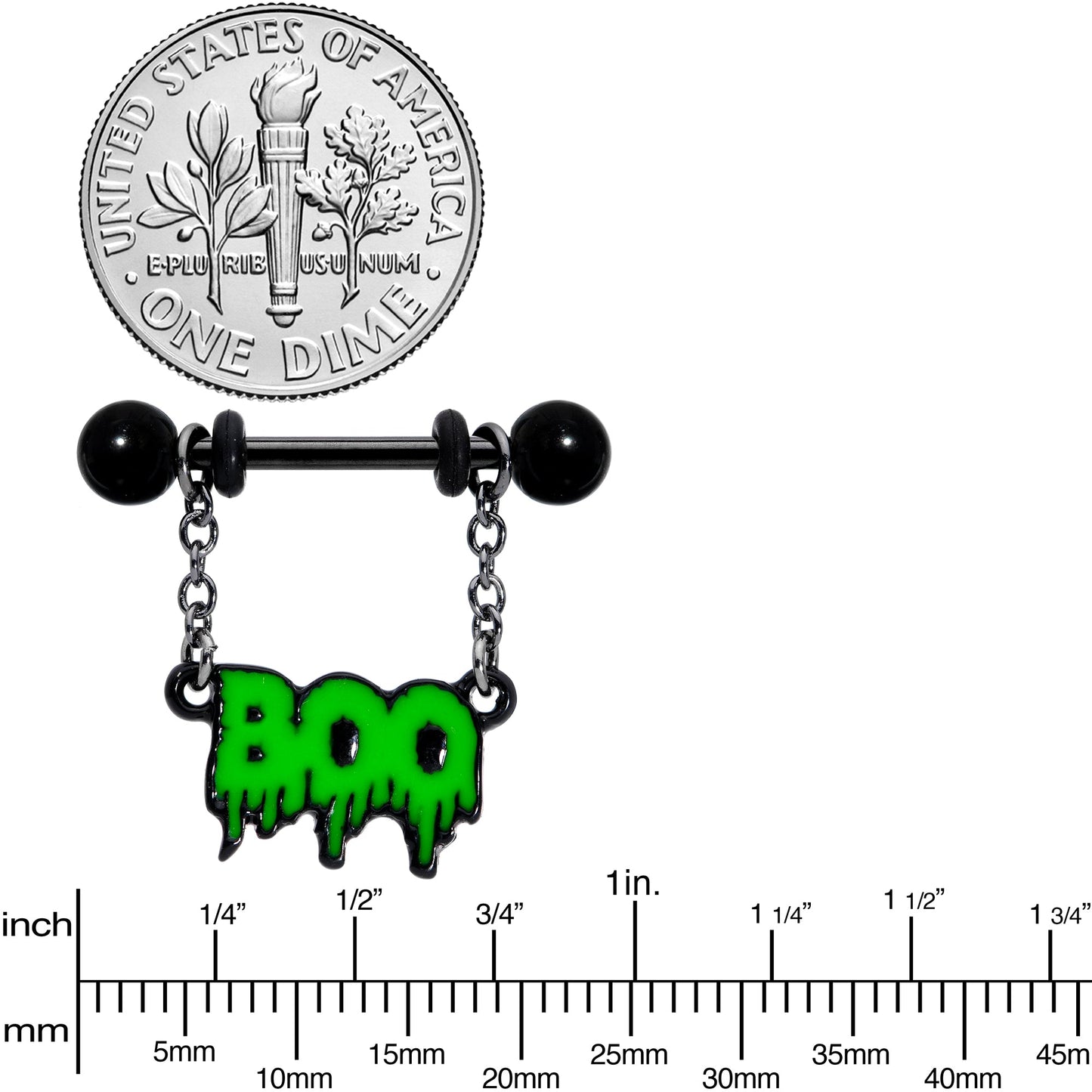 14G 9/16 Green Spooky Boo Halloween Chain Dangle Nipple Ring Set