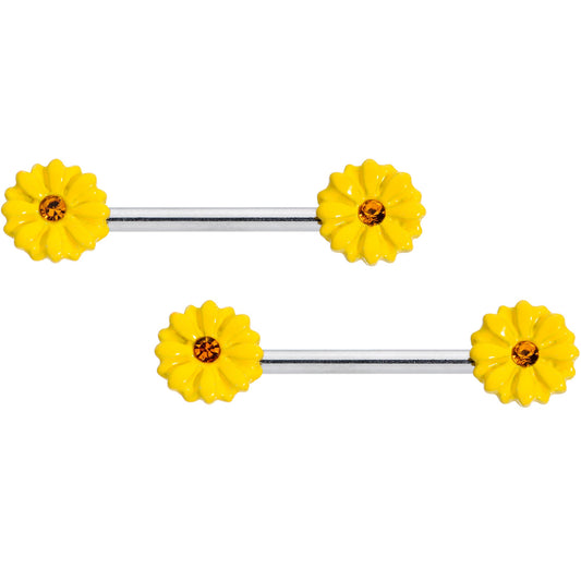 14G 9/16 Yellow Gem Yellow Sunflower Barbell Nipple Ring Set