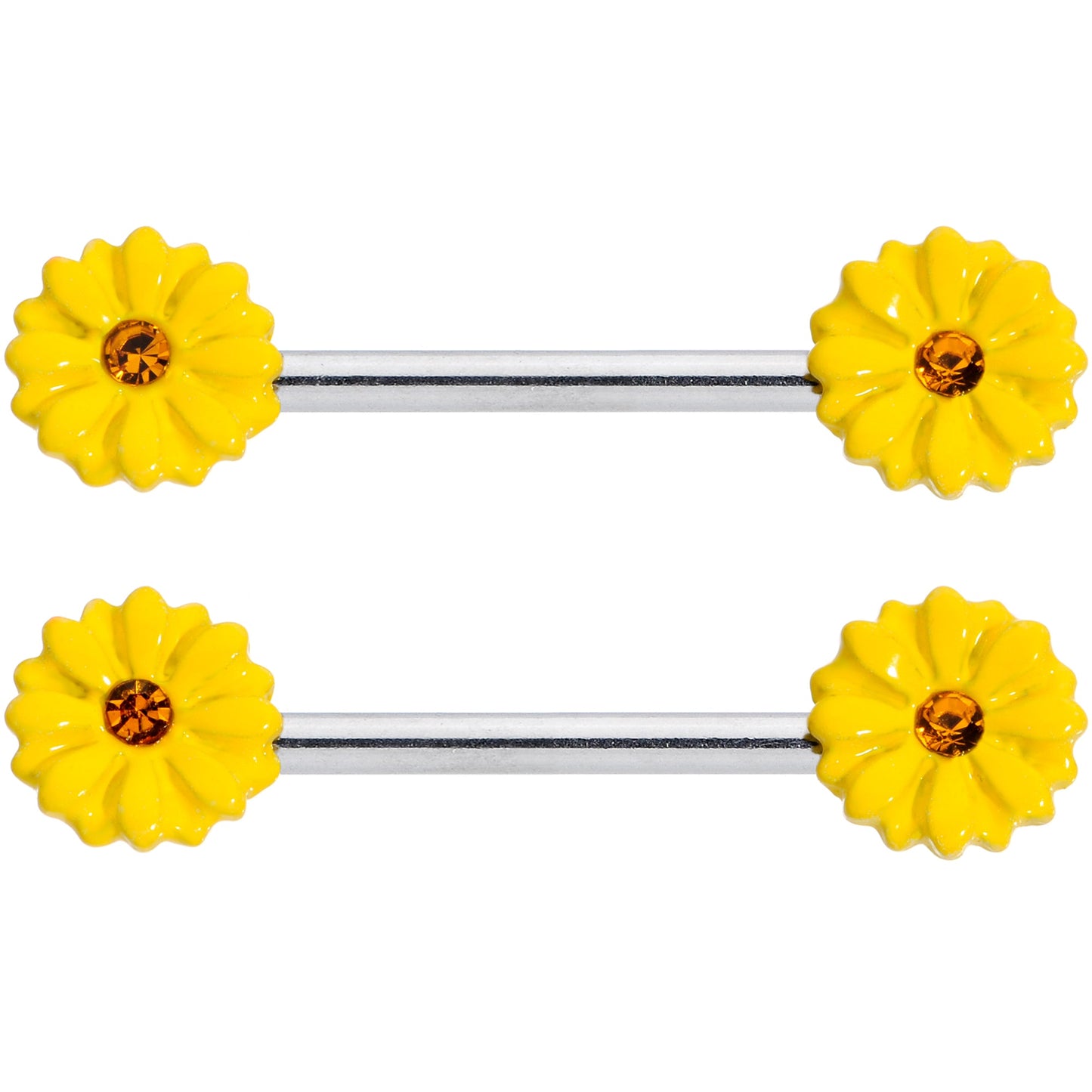 14G 9/16 Yellow Gem Yellow Sunflower Barbell Nipple Ring Set