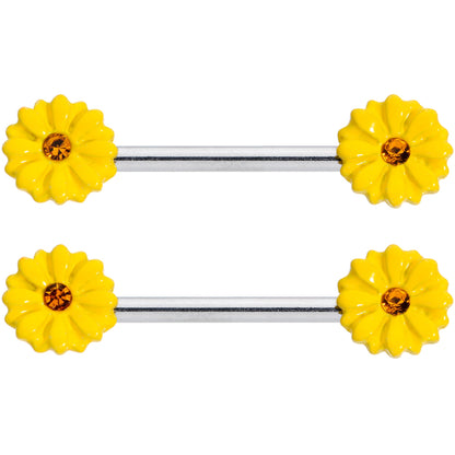 14G 9/16 Yellow Gem Yellow Sunflower Barbell Nipple Ring Set