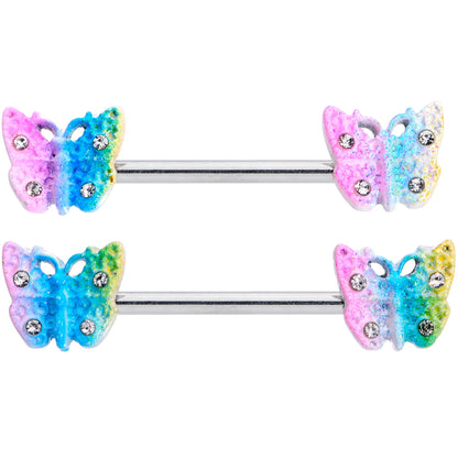 14G 9/16 Clear Gem Baroque Rainbow Butterfly Nipple Ring Set