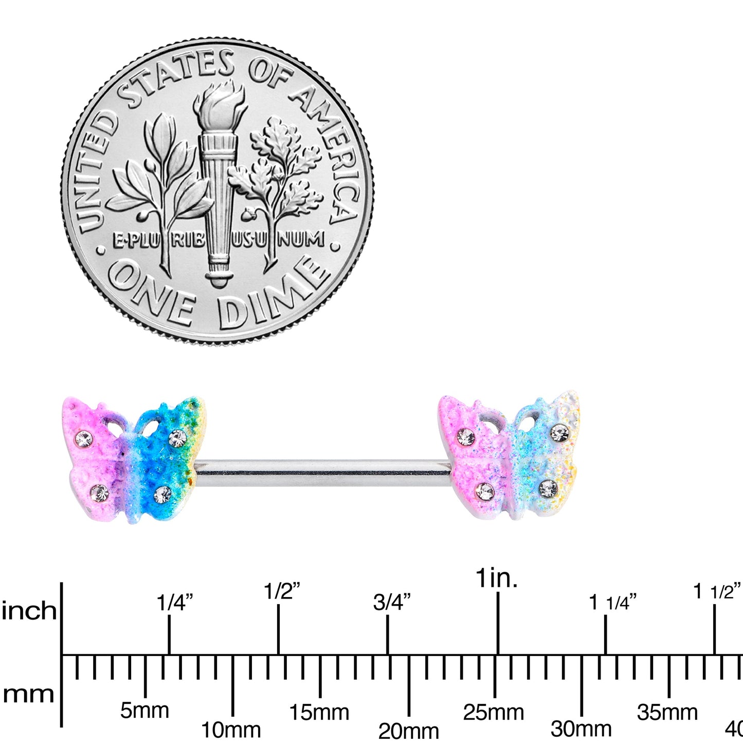 14G 9/16 Clear Gem Baroque Rainbow Butterfly Nipple Ring Set