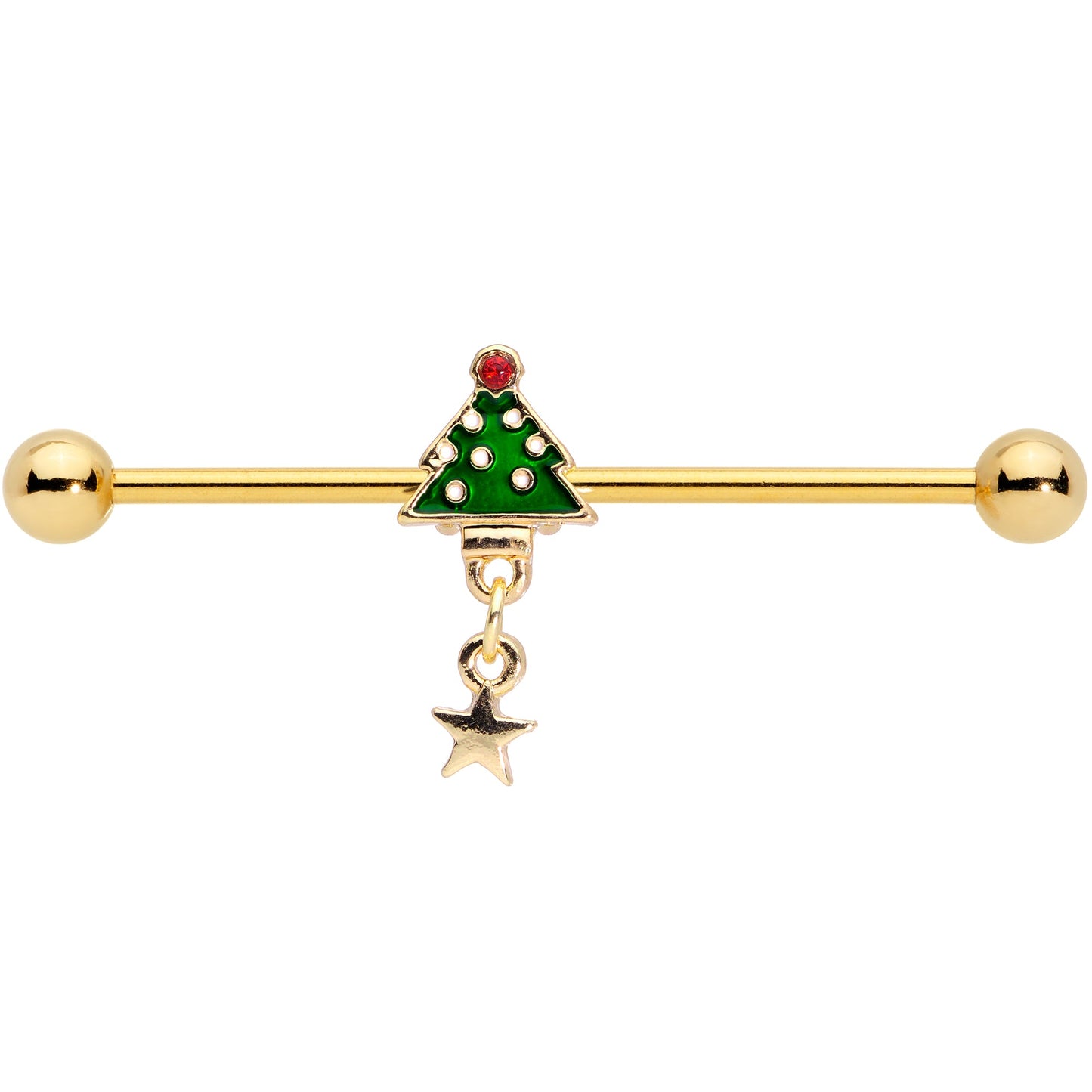 14G Red Gem Star Christmas Tree Dangle Industrial Barbell 38mm