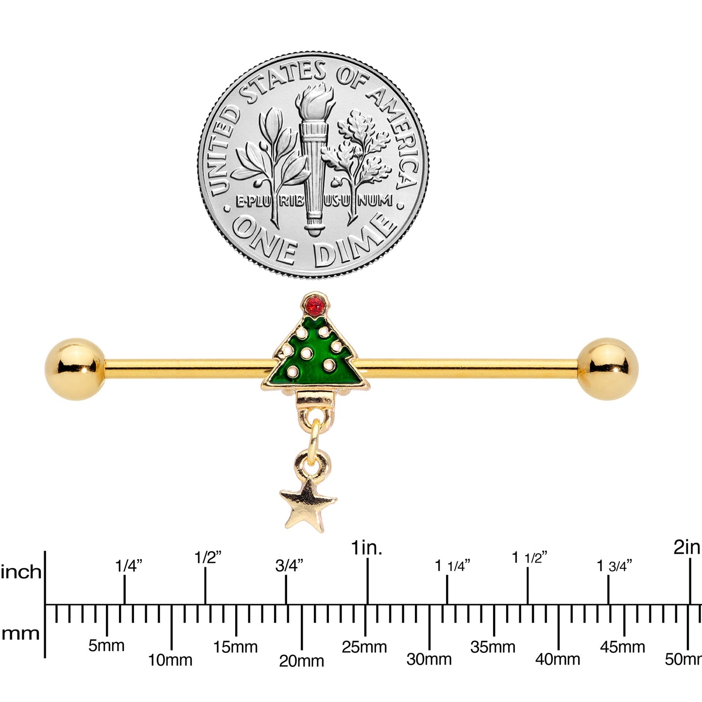 14G Red Gem Star Christmas Tree Dangle Industrial Barbell 38mm