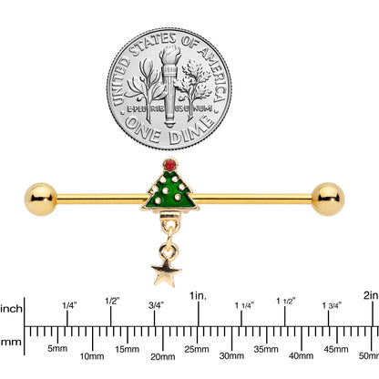 14G Red Gem Star Christmas Tree Dangle Industrial Barbell 38mm