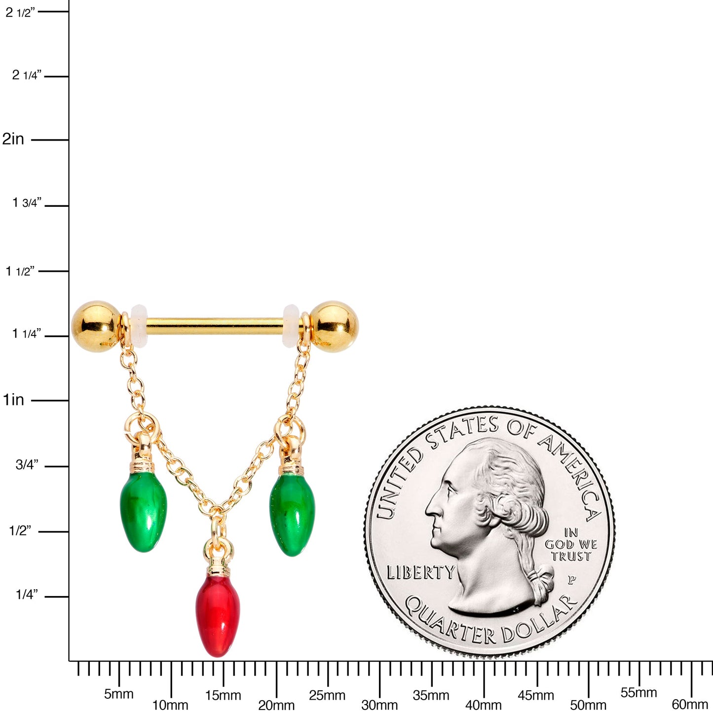 14G 9/16 Gold Tone Bulb Christmas Chain Dangle Nipple Ring Set