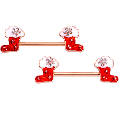 14G 9/16 Rose Gold Tone Stocking Christmas Nipple Ring Set