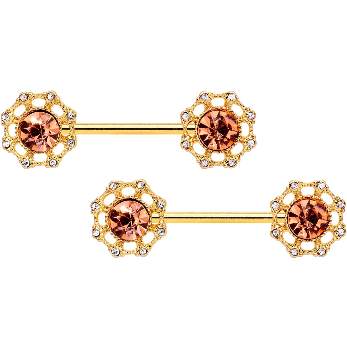 14G 9/16 Clear Pink CZ Gem Gold Tone Sunburst Nipple Ring Set