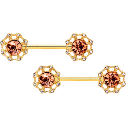 14G 9/16 Clear Pink CZ Gem Gold Tone Sunburst Nipple Ring Set