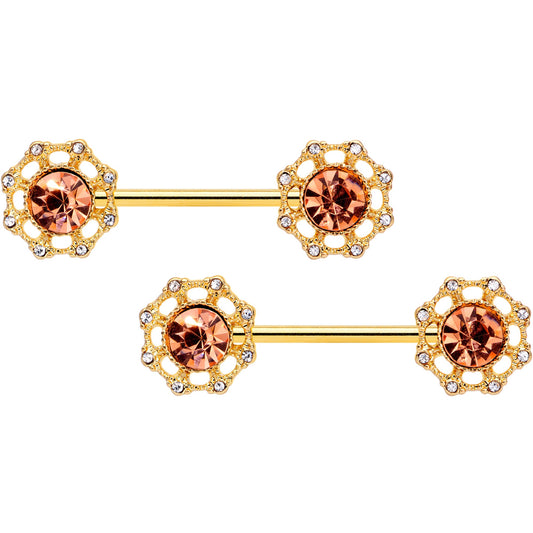 14G 9/16 Clear Pink CZ Gem Gold Tone Sunburst Nipple Ring Set